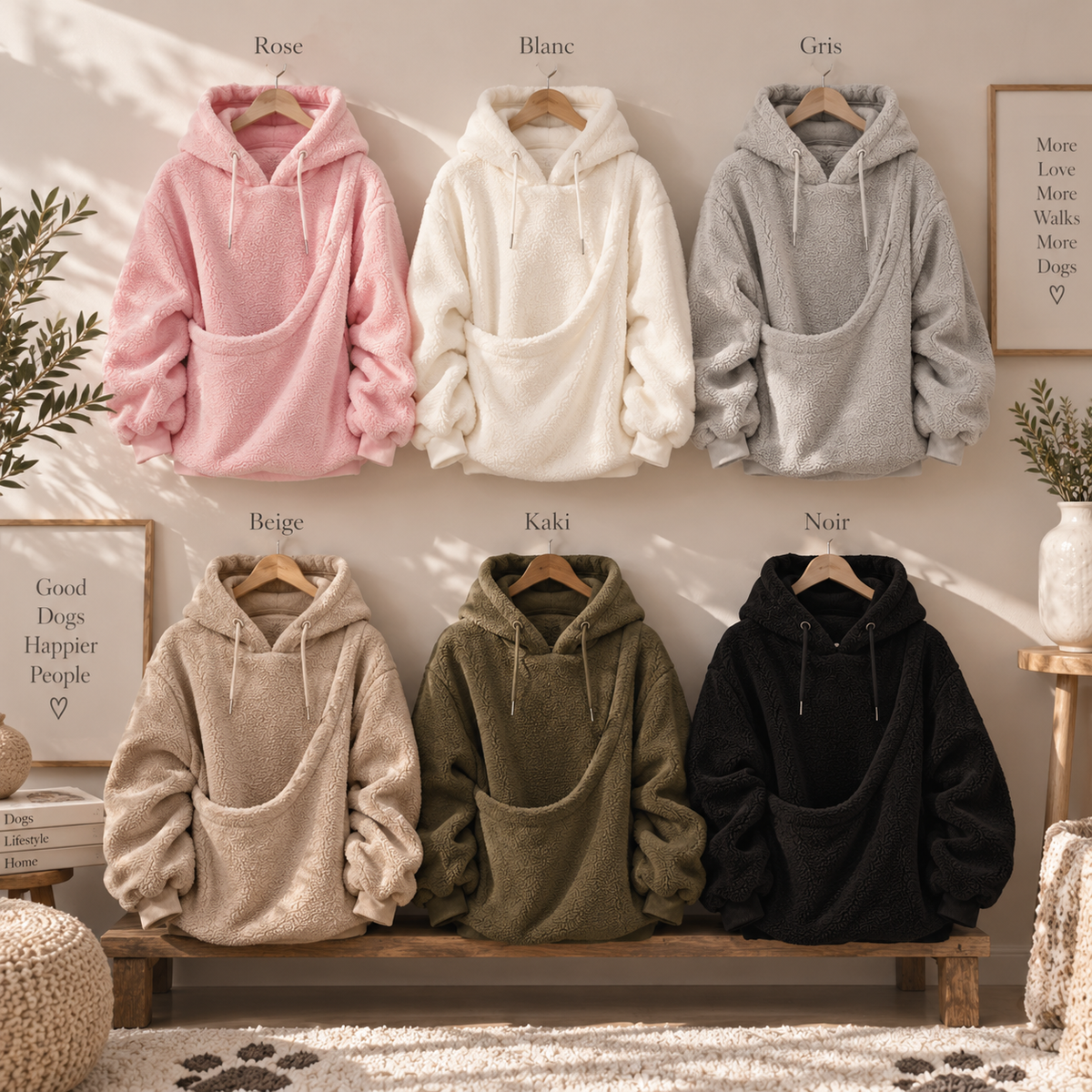 Hoodie Câlin PoppyLoco : sweat polaire avec poche pour chien en rose, blanc, gris, beige, kaki et noir